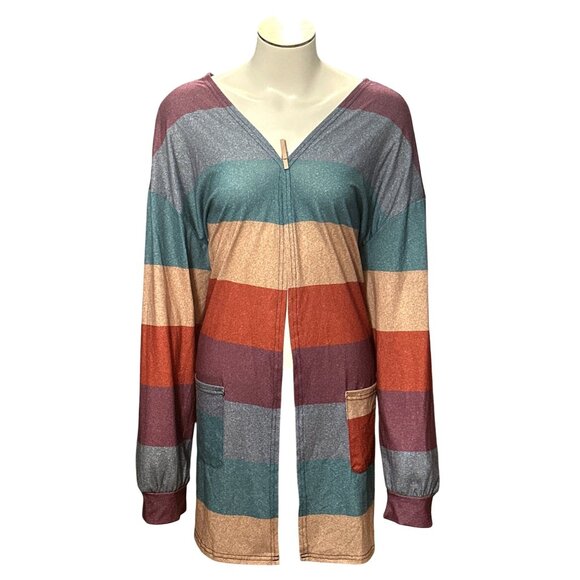 CCC Colorful Striped Cardigan With Front Pockets Lightweight Stretch Open Front - Picture 1 of 8